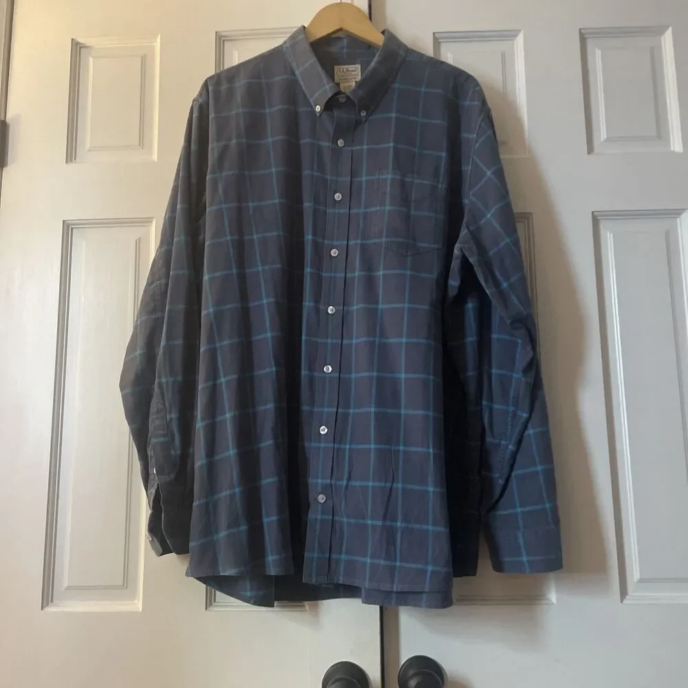 L.L. Bean Men’s Slightly Fitted Navy Stretch Plaid Button Down Shirt XXL Tall - Picture 1 of 5
